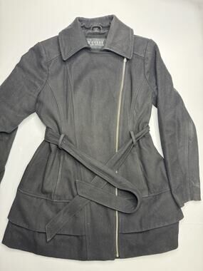 GUESS Womens L Black Wool Blend Asymmetrical Zip Belted Fit Flare Winter Coat